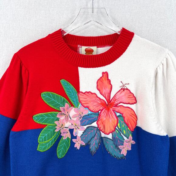 FARM RIO Floral Knit Sweater Women Medium Red White Blue Crew Balloon Colorblock - Picture 5 of 16